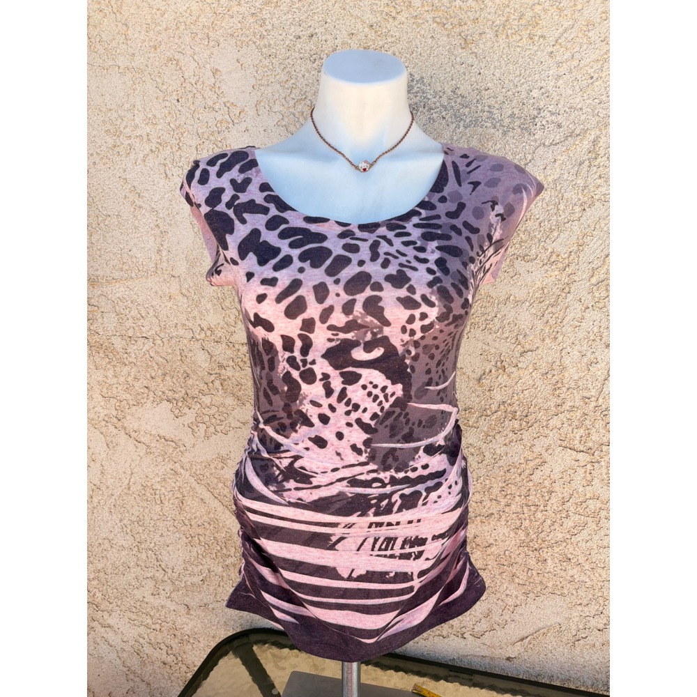 Y2K Finesse Pink Black Animal Print Ruched Cap Sleeve Burnout Top Small #5